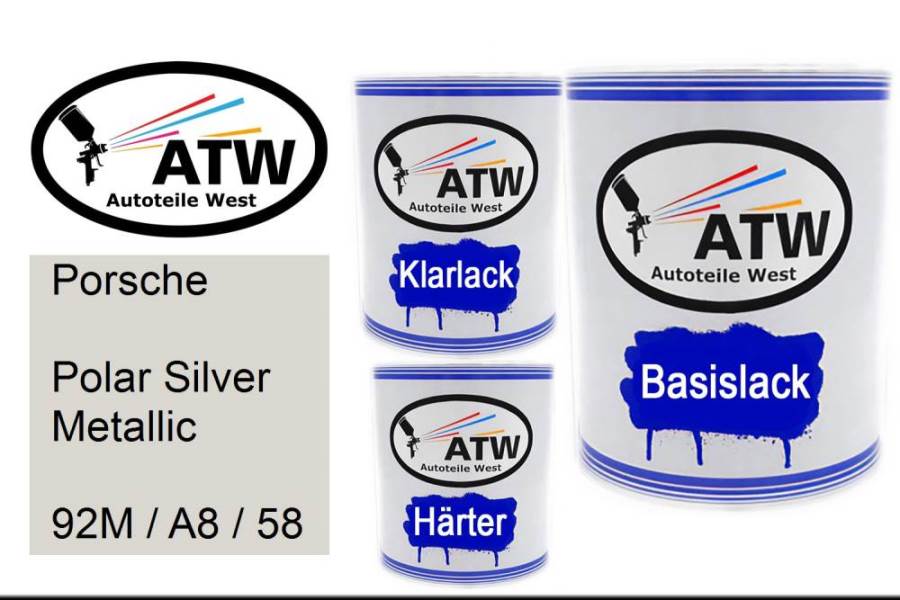 Porsche, Polar Silver Metallic, 92M / A8 / 58: 1L Lackdose + 1L Klarlack + 500ml Härter - Set, von ATW Autoteile West.